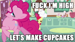 Size: 500x281 | Tagged: safe, edit, edited screencap, screencap, character:apple bloom, character:pinkie pie, species:earth pony, species:pony, episode:call of the cutie, g4, my little pony: friendship is magic, artifact, baking, caption, chef's hat, clothing, cupcake, drugs, duo, duo female, faec, female, filly, fuck i'm high, great moments in animation, hat, high, image macro, jumping, junkie pie, mare, meme, silly, silly pony, text, vulgar