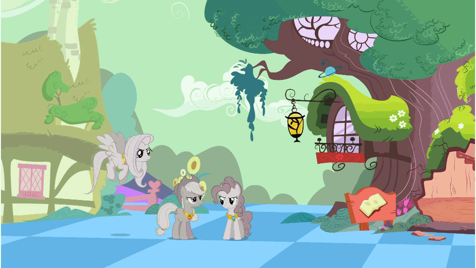 Size: 960x540 | Tagged: safe, edit, screencap, character:applejack, character:fluttershy, character:pinkie pie, character:tom, species:earth pony, species:pegasus, species:pony, episode:the return of harmony, g4, my little pony: friendship is magic, animated, discorded landscape, element of honesty, element of kindness, element of laughter, female, golden oaks library, green sky, library, mare, pinkie sense, trio, twitchy tail