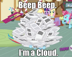 Size: 638x500 | Tagged: safe, edit, edited screencap, screencap, character:applejack, character:cup cake, character:fluttershy, character:rainbow dash, character:twilight sparkle, episode:ponyville confidential, g4, my little pony: friendship is magic, beep beep, cropped, image macro, newspaper