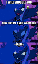 Size: 624x1034 | Tagged: safe, edit, edited screencap, screencap, character:princess luna, episode:luna eclipsed, g4, my little pony: friendship is magic, female, hug, image macro, imma snuggle you, nightmare night, snuggling, solo, squee