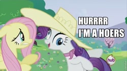 Size: 640x360 | Tagged: safe, edit, edited screencap, screencap, character:fluttershy, character:rarity, episode:a canterlot wedding, g4, my little pony: friendship is magic, clothing, derp, faec, hat, hoers, hurr durr, image macro, sun hat