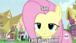 Size: 960x540 | Tagged: safe, edit, edited screencap, screencap, character:fluttershy, episode:testing testing 1-2-3, g4, my little pony: friendship is magic, female, hub logo, image macro, meme, serious face, solo, son i am disappoint