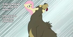 Size: 852x430 | Tagged: safe, edit, edited screencap, screencap, character:fluttershy, character:harry, species:pegasus, species:pony, episode:lesson zero, g4, my little pony: friendship is magic, bear, female, image macro, mare, roflbot