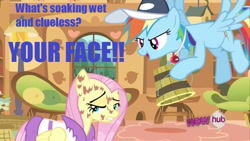 Size: 640x360 | Tagged: safe, edit, edited screencap, screencap, character:fluttershy, character:rainbow dash, episode:hurricane fluttershy, episode:the return of harmony, g4, my little pony: friendship is magic, abuse, blue text, bullying, flutterbuse, image macro, ironic echo, karma, out of character, pony pox, rainbow douche, whistle, your face