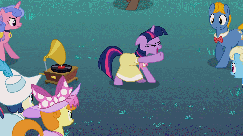Size: 960x540 | Tagged: safe, edit, screencap, character:bon bon, character:carrot top, character:eclair créme, character:golden harvest, character:perfect pace, character:royal ribbon, character:sweetie drops, character:twilight sparkle, episode:sweet and elite, g4, my little pony: friendship is magic, animated, birthday dress, bonabelle bonette, clothing, cute, dancing, do the sparkle, dress, phonograph, posh ponies, twiabetes
