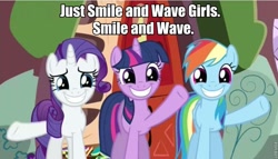 Size: 821x468 | Tagged: safe, edit, screencap, character:rainbow dash, character:rarity, character:twilight sparkle, character:twilight sparkle (unicorn), species:pegasus, species:pony, species:unicorn, episode:dragon quest, g4, my little pony: friendship is magic, female, forced smile, image macro, madagascar, mare, smile and wave, smiling
