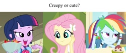 Size: 1242x533 | Tagged: safe, edit, edited screencap, screencap, character:fluttershy, character:rainbow dash, character:twilight sparkle, equestria girls:rainbow rocks, g4, my little pony: equestria girls, my little pony:equestria girls, no nose, question, text