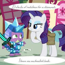 Size: 549x549 | Tagged: safe, edit, edited screencap, screencap, character:rarity, character:spike, species:dragon, species:pony, species:unicorn, episode:inspiration manifestation, g4, my little pony: friendship is magic, armor, cropped, crystal armor, diamond armor, diamond sword, duo, female, hoof on chin, male, mare, meta, minecraft, saddle bag, sword, weapon