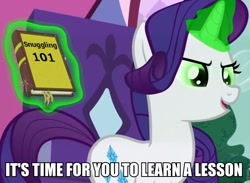 Size: 942x690 | Tagged: safe, edit, screencap, character:rarity, episode:inspiration manifestation, g4, my little pony: friendship is magic, book, corrupted, female, hape, image macro, imma snuggle you, inspirarity, meme, possessed, snuggling, solo, this will end in snuggles
