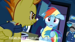 Size: 800x450 | Tagged: safe, edit, edited screencap, screencap, character:rainbow dash, character:spitfire, species:pegasus, species:pony, episode:wonderbolts academy, adolf hitler, clothing, cute, dashabetes, desk, downfall, female, floppy ears, hermann fegelein, looking at each other, mare, office, parody, sunglasses, text, uniform, wonderbolt trainee uniform, wonderbolts uniform