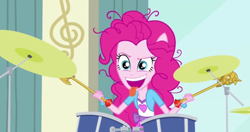 Size: 800x421 | Tagged: safe, edit, screencap, character:pinkie pie, episode:pinkie on the one, equestria girls:rainbow rocks, g4, my little pony: equestria girls, my little pony:equestria girls, drums, female, ponied up, solo, twilight scepter