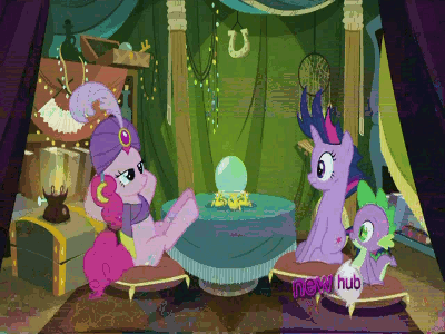 Size: 400x300 | Tagged: safe, edit, edited screencap, screencap, character:pinkie pie, character:spike, character:twilight sparkle, episode:it's about time, g4, my little pony: friendship is magic, animated, crystal ball, hub logo, madame pinkie, messy mane, turban, wrong aspect ratio
