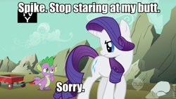 Size: 600x338 | Tagged: safe, edit, edited screencap, screencap, character:rarity, character:spike, episode:a dog and pony show, g4, my little pony: friendship is magic, caption, duo, eyes on the prize, hub logo, image macro, red wagon, tv rating, wagon