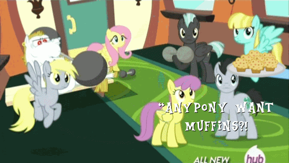 Size: 576x324 | Tagged: safe, edit, edited screencap, screencap, character:bulk biceps, character:derpy hooves, character:fluttershy, character:helia, character:lucky clover, character:parasol, character:rainbow dash, character:thunderlane, species:pegasus, species:pony, episode:equestria games, g4, my little pony: friendship is magic, all new, animated, barbell, caption, female, hub logo, hubble, mare, muffin, text, the hub, weight lifting, wing-ups