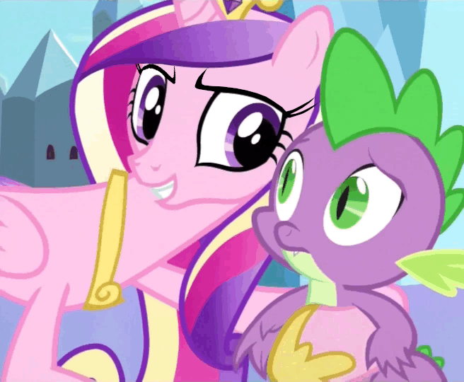 Size: 656x540 | Tagged: safe, edit, edited screencap, screencap, character:princess cadance, character:spike, species:alicorn, species:pony, ship:spikedance, episode:equestria games, g4, my little pony: friendship is magic, >rape, animated, bedroom eyes, eyebrow wiggle, eyebrows, female, frown, grin, hug, i need an adult, male, out of context, raised eyebrow, shipping, smiling, straight, worried