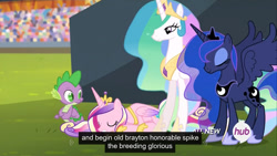 Size: 1366x768 | Tagged: safe, edit, edited screencap, screencap, character:princess cadance, character:princess celestia, character:princess luna, character:spike, species:alicorn, species:dragon, species:pony, ship:spikedance, episode:equestria games, g4, my little pony: friendship is magic, breeding, caption, female, harem, hub logo, implied sex, male, mare, meme, shipping, spike gets all the mares, spikelestia, spilulestia, spiluna, straight, youtube caption