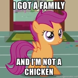 Size: 280x280 | Tagged: safe, edit, edited screencap, screencap, character:scootaloo, species:pegasus, species:pony, episode:the cutie mark chronicles, g4, my little pony: friendship is magic, female, image macro, meme, solo, text