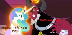 Size: 1280x634 | Tagged: safe, edit, edited screencap, screencap, character:lord tirek, character:princess celestia, species:alicorn, species:pony, episode:twilight's kingdom, g4, my little pony: friendship is magic, caption, fart, fart noise, female, hub logo, hubble, implied pooping, mare, onomatopoeia, scorpan's necklace, sound effects, text, the hub