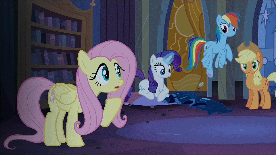Size: 960x540 | Tagged: safe, edit, screencap, character:applejack, character:fluttershy, character:pinkie pie, character:rainbow dash, character:rarity, character:spike, character:twilight sparkle, character:twilight sparkle (alicorn), species:alicorn, species:pony, episode:castle mane-ia, g4, my little pony: friendship is magic, animated, female, mare, needle