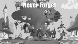 Size: 1280x720 | Tagged: safe, edit, edited screencap, screencap, episode:twilight's kingdom, g4, my little pony: friendship is magic, caption, golden oaks library, grayscale, monochrome, never forget, save tree