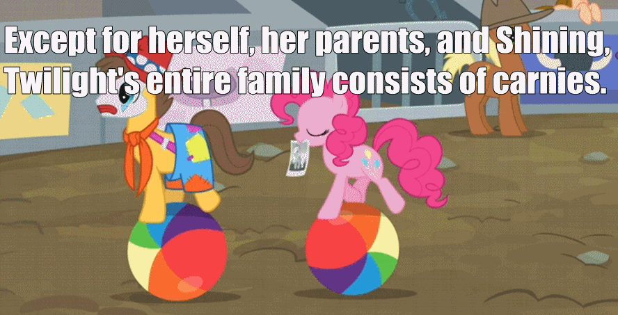 Size: 888x453 | Tagged: safe, edit, edited screencap, screencap, character:caramel, character:meadow song, character:pinkie pie, character:twilight sparkle, episode:the last roundup, g4, my little pony: friendship is magic, ball, clown, headcanon, image macro, meta, mouth hold, peachy cream, rodeo clown