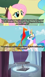 Size: 1279x2160 | Tagged: safe, edit, edited screencap, screencap, character:fluttershy, character:lord tirek, character:philomena, character:princess celestia, species:alicorn, species:bird, species:centaur, species:pegasus, species:phoenix, species:pony, episode:a bird in the hoof, episode:twilight's kingdom, g4, my little pony: friendship is magic, cage, comic, ethereal mane, female, male, mare, op is trying to start shit, screencap comic, tartarus, tyrant celestia