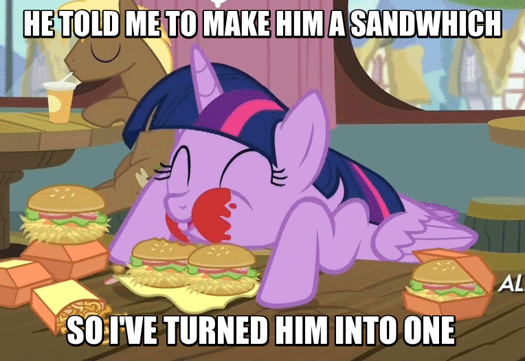 Size: 764x526 | Tagged: safe, edit, edited screencap, screencap, character:coco crusoe, character:twilight sparkle, character:twilight sparkle (alicorn), species:alicorn, species:pony, animated, burger, cannibalism, eating, female, food, fridge horror, gif, hay burger, image macro, implied cannibalism, inanimate tf, mare, meme, misspelling, that pony sure does love burgers, the implications are horrible, twilight burgkle