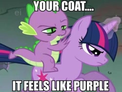 Size: 720x546 | Tagged: safe, edit, edited screencap, screencap, character:spike, character:twilight sparkle, species:dragon, species:pony, species:unicorn, episode:a dog and pony show, g4, my little pony: friendship is magic, caption, dragons riding ponies, ei, female, high, image macro, implied drug use, magic, magic aura, male, mare, riding, stoner spike, text