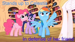 Size: 960x540 | Tagged: safe, edit, edited screencap, screencap, character:pinkie pie, character:princess celestia, character:rainbow dash, character:twilight sparkle, episode:lesson zero, g4, my little pony: friendship is magic, blue text, image macro
