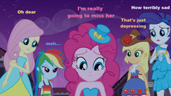 Size: 1280x720 | Tagged: safe, edit, edited screencap, screencap, character:applejack, character:fluttershy, character:pinkie pie, character:rainbow dash, character:rarity, my little pony:equestria girls, blue text, bracelet, caption, clothing, fall formal outfits, hat, jewelry, orange text, pink text, top hat