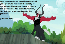 Size: 792x531 | Tagged: safe, edit, edited screencap, screencap, character:lord tirek, bible, bible verse, christianity, exploitable meme, judaism, lord tirek's outstretched arms, male, meme, obadiah, religion, solo, verse