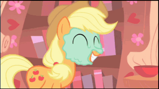 Size: 320x180 | Tagged: safe, edit, edited screencap, screencap, character:applejack, character:rarity, episode:look before you sleep, g4, my little pony: friendship is magic, animated, cucumber, cucumber pirate, mud mask, regurgitation, reversed, tongue out