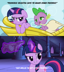 Size: 480x540 | Tagged: safe, edit, edited screencap, screencap, character:spike, character:twilight sparkle, episode:friendship is magic, g4, my little pony: friendship is magic, castle of the royal pony sisters, chariot, gun, say hello to my little friend, scroll, tommy gun