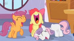 Size: 1559x866 | Tagged: safe, edit, edited screencap, screencap, character:apple bloom, character:scootaloo, character:sweetie belle, species:pegasus, species:pony, species:unicorn, sweetie bot, blank flank, cutie mark crusaders, decapitated, disembodied head, eyes closed, female, filly, floppy ears, foal, hooves, horn, laughing, nose in the air, open mouth, raised hoof, robot, robot gore, robot pony, severed head, smiling, spread wings, teeth, tongue out, trio, uvula, volumetric mouth, wat, wings
