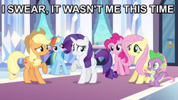 Size: 960x540 | Tagged: safe, edit, edited screencap, screencap, character:applejack, character:fluttershy, character:pinkie pie, character:rainbow dash, character:rarity, character:spike, image macro, implied farting, meme