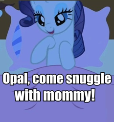 Size: 335x360 | Tagged: safe, edit, edited screencap, screencap, character:opalescence, character:rarity, species:pony, species:unicorn, episode:look before you sleep, g4, my little pony: friendship is magic, bed, female, image macro, imma snuggle you, mare, meme, solo, text, this will end in pain