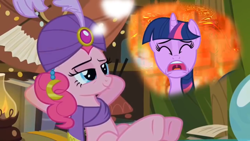 Size: 1920x1080 | Tagged: safe, edit, edited screencap, screencap, character:pinkie pie, character:twilight sparkle, episode:it's about time, g4, my little pony: friendship is magic, 199- the extended weekend of sparkle, clothing, hell, hooves behind head, lidded eyes, link, madame pinkie, scarf, screaming, turban, youtube link, youtube poop