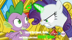 Size: 1449x808 | Tagged: safe, edit, edited screencap, screencap, character:rarity, character:spike, episode:inspiration manifestation, g4, my little pony: friendship is magic, bibliovore, corrupted, hub logo, image macro, inspirarity, laxative, meme, possessed