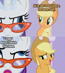 Size: 1280x1440 | Tagged: safe, edit, edited screencap, screencap, character:applejack, character:rarity, :c, annoyed, caption, comic, conscience, eyeroll, frown, magic, open mouth, out of context, pyromaniac, smiling, this will end in fire, tulpa