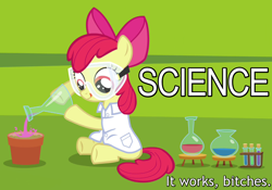 Size: 1000x700 | Tagged: safe, edit, edited screencap, screencap, character:apple bloom, episode:twilight time, g4, my little pony: friendship is magic, caption, clothing, erlenmeyer flask, female, flower pot, goggles, lab coat, potion, safety goggles, science, solo, test tube, tongue out, vulgar, xkcd