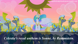 Size: 1280x720 | Tagged: safe, edit, edited screencap, screencap, character:amethyst star, character:dizzy twister, character:mjölna, character:oakey doke, character:orange swirl, character:princess celestia, character:silver spanner, character:sparkler, species:alicorn, species:pony, species:unicorn, episode:the cutie mark chronicles, g4, my little pony: friendship is magic, armor, background pony, background pony audience, bottlecap (character), bugle, clones, eiffel, ethereal mane, eyes closed, female, fuchsia fizz, headcanon, lavenderhoof, male, mare, rammstein, redpilled-mlp-headcanons, royal guard, spread wings, stallion, welch, wings