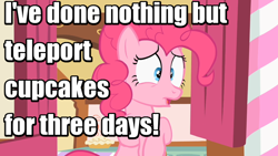 Size: 640x360 | Tagged: safe, edit, edited screencap, screencap, character:pinkie pie, episode:the cutie pox, g4, my little pony: friendship is magic, confession, cupcake, expiration date, female, image macro, love & war update, meme, reference, soldier, solo, sugarcube corner, team fortress 2