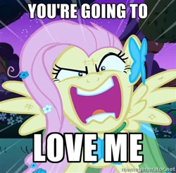 Size: 500x489 | Tagged: safe, edit, edited screencap, screencap, character:fluttershy, species:pegasus, species:pony, artifact, clothing, dress, female, flutterrage, gala dress, image macro, mare, meme, solo, you're going to love me