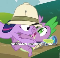 Size: 545x532 | Tagged: safe, edit, edited screencap, screencap, character:spike, character:twilight sparkle, species:dragon, species:pony, species:unicorn, episode:feeling pinkie keen, g4, my little pony: friendship is magic, caption, clothing, cropped, female, hat, image macro, male, mare, meme, pewdiepie, pith helmet, reference, text, vulgar