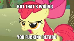 Size: 625x351 | Tagged: safe, edit, edited screencap, screencap, character:apple bloom, species:earth pony, species:pony, caption, female, filly, solo, vulgar