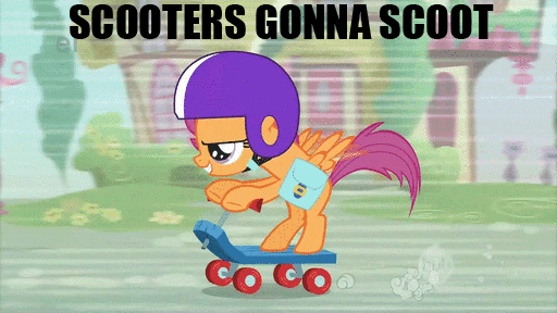 Size: 512x288 | Tagged: safe, edit, edited screencap, screencap, character:scootaloo, species:pegasus, species:pony, animated, caption, haters gonna hate, image macro, text