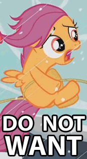 Size: 173x314 | Tagged: safe, edit, edited screencap, screencap, character:scootaloo, species:pegasus, species:pony, episode:the show stoppers, g4, my little pony: friendship is magic, animated, animation error, cropped, do not want, flailing, rope, solo focus, windswept mane, wrong eye color