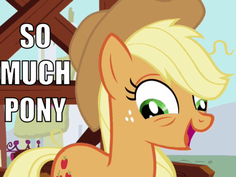 Size: 480x360 | Tagged: safe, edit, edited screencap, screencap, character:applejack, species:earth pony, species:pony, episode:applebuck season, g4, my little pony: friendship is magic, animated, applejack's hat, artifact, caption, clothing, cowboy hat, derp, english, female, gif, hat, image macro, insanity, it begins, mare, meme, reaction image, repdigit milestone, silly, silly pony, snapplejack, so much pony, solo, text, who's a silly pony