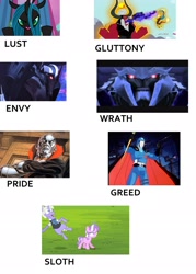 Size: 1961x2741 | Tagged: safe, edit, edited screencap, screencap, character:diamond tiara, character:discord, character:lord tirek, character:queen chrysalis, species:centaur, species:changeling, species:draconequus, episode:a canterlot wedding, episode:twilight's kingdom, g4, my little pony: friendship is magic, antagonist, betrayal, changeling queen, cobra commander, destro, diamond tiara is not amused, female, filly, foal, g.i. joe, hasbro, looking down, magic drain, megatron, meme, randolph, saligia, seven deadly sins, sin of envy, sin of gluttony, sin of greed, sin of lust, sin of pride, sin of sloth, sin of wrath, starscream, transformers, transformers prime