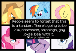 Size: 500x351 | Tagged: safe, edit, edited screencap, screencap, character:applejack, character:fluttershy, character:pinkie pie, character:rainbow dash, character:rarity, character:twilight sparkle, episode:the ticket master, g4, my little pony: friendship is magic, meta, pony confession, pony confessions, text